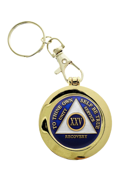 Hinged Medallion Holder with Clip and Key Chain - Gold