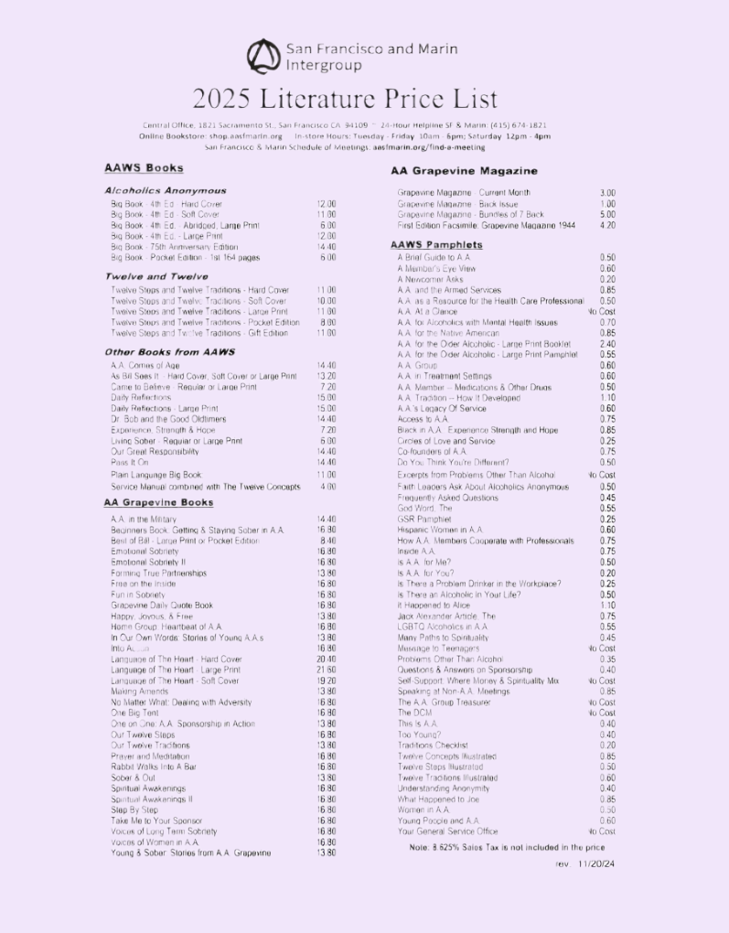 Literature Price List (FREE) – San Francisco and Marin Intergroup Bookstore
